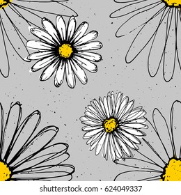 Chamomile hand drawn ink flowers made with pen. Modern fresh pattern with white flowers on grey background.