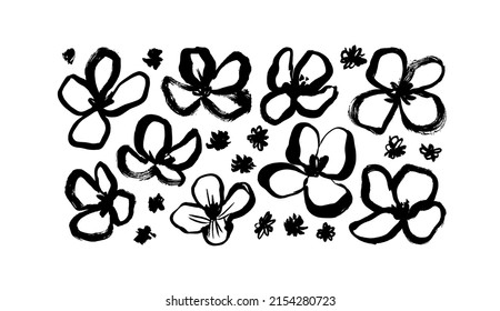 Chamomile hand drawn painted vector set. Ink drawing linear flowers, black and white botanical cliparts. Isolated floral elements. Vector brush flower silhouettes in rustic style. Black ink texture.