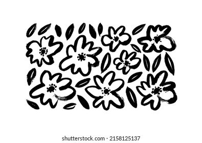 Chamomile hand drawn painted vector set. Ink drawing linear flowers, black and white botanical cliparts. Isolated floral elements. Vector brush flower silhouettes in rustic style. Black ink texture.