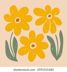 Chamomile hand drawn square card. Crayon daisy flowers poster. Minimal vintage botanical art greeting postcard retro aesthetic. Vector illustration