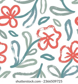 Chamomile hand drawn vector seamless pattern in pale colors. Daisy, aster, chrysanthemum or poppy flowers drawn by bold brush. Botanical pastel colored seamless background in retro style.