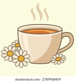 Chamomile Herbal Tea Cup Illustration Surrounded by Fresh Daisy Flowers