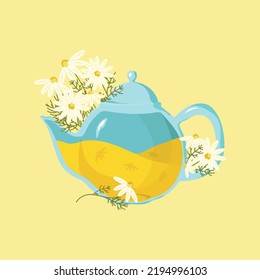 Chamomile Herbal Tea. Vector Illustration Of Chamomile Flower Tea In A Blue Teapot For Package Or Menu Design. 