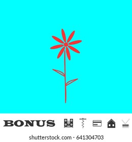 Chamomile icon flat. Red pictogram on blue background. Vector illustration symbol and bonus buttons Music center, corkscrew, credit card, house, drum