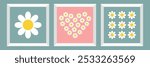 Chamomile icon set. White daisy camomile picture frame set. Heart shape. Valentines Day. Cute hand drawn flower plant. Growing concept. Love card sign symbol. Flat design. Blue Pink background. Vector