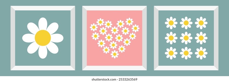 Chamomile icon set. White daisy camomile picture frame set. Heart shape. Valentines Day. Cute hand drawn flower plant. Growing concept. Love card sign symbol. Flat design. Blue Pink background. Vector