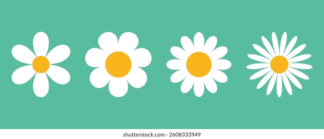 Chamomile icon set. White daisy Chamomiles. Love card symbol. Cute round flower plant collection. Flat design. Growing concept. Green background. Isolated.