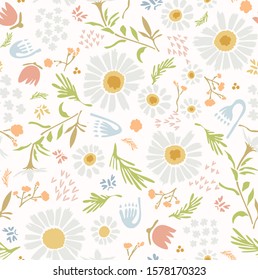 Chamomile Lawn Daisy Wildflower Motif Background. Naive Margerite Flower Seamless Pattern on White. Delicate Leaves Hand Drawn Textile. Spring and Summer Meadow Repeat Illustration. Vector EPS 10