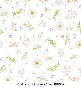 Fondo del Motif Chamomile Lawn Daisy Wildflower. Flor margerita naive patrón sin problemas en blanco. Hojas Delicadas, Tejidos Dibujados A Mano. Ilustración de repetición de prado de primavera y verano. Vector EPS 10