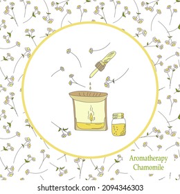 Chamomile medicinal aromatherapy concept at home. Vector illustration and floral seamless pattern set. Alternative medicine and homeopathy background and wallpaper.