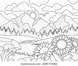 Chamomile and mountains landscape concept. Linear poster or coloring book for children and adults. Antistress effect. Design element for coloring. Cartoon flat vector illustration on white background