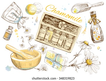 Conjunto cosmético natural de Chamomile. Ilustración del vector