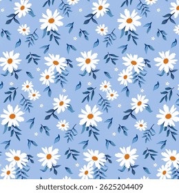 Camomila em um fundo azul.Vetor padrão sem costura com margaridas e folhas em um fundo azul.