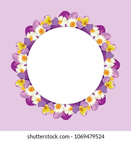 Chamomile and pansies frame on pink purple background. Flowers with a round label for your text or photo. Vector illustration.