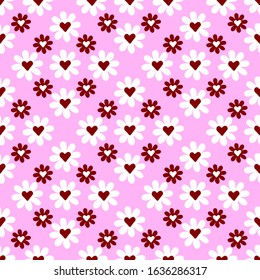 chamomile pattern with hearts on pink background.