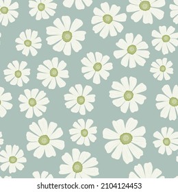 Chamomile pattern seamless in freehand style. Spring flowers on colorful background. Vector illustration for textile prints, fabric, banners, backdrops and wallpapers.