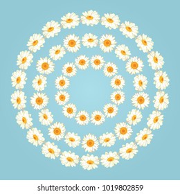 Chamomile patterns on vintage blue background. Daisy chaines. Set collection of round frames for your text or photo. Vector illustration. Brushes, easy to use