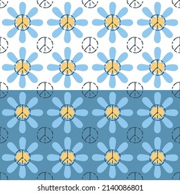 Chamomile, peace symbols. Abstract floral grid seamless pattern. Doodle line stroke. Blue, yellow flower color palette. Transparent background. Vector illustration 