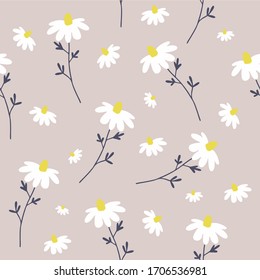 Chamomile pharmacy, wild flower geometric seamless pattern on a pink background. For printing on textiles, wallpaper, cosmetic packaging, paper.