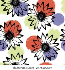 Chamomile pretty summer repeat pattern. Sunflower bloom over circles background. Doodle garden flowerheads fabric design. Subtle botanical background.