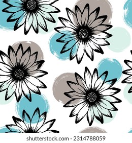 Chamomile ziemlich sommerlich nahtlose Beziehung. Sonnenblumen blühen auf kreisförmigem Hintergrund. Doodle Garden Blumen Scrapbooking swatch. Schön schmückendes Blumendekor.