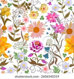 Chamomile, purslane, zinnia, dahlia, other flowers and tiny butterflies on white background. Seamless natural pattern in vector. Beautiful print for fabric.