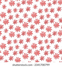 Chamomile red floral mille fleur seamless pattern on white background. Small summer flowers in simple scandinavian cartoon doodle style perfect for textile, wallpaper, fabric