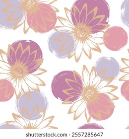 Chamomile romantic summer seamless pattern. Rudbeckia daisy blossom over circles background. Doodle garden flowers linen pattern. Girlie natural ornament.