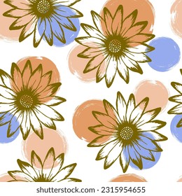 Chamomile romantic vector seamless pattern. Sunflower blossom over circles background. Decorative garden flowerheads vector wallpaper. Elegant floral rapport.