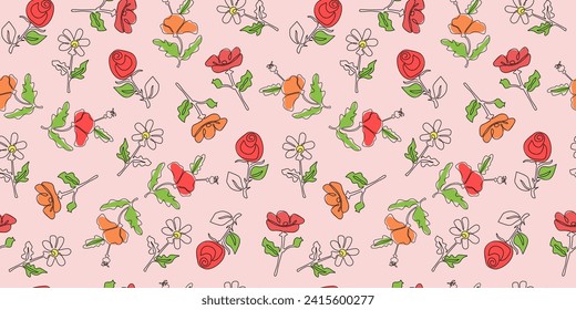 Chamomile, rose, poppy. Floral pattern. Line art drawing. Outline, linear illustration. Vector seamless background. Plant, abstract flower.
