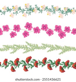 Chamomile, rudbeckia, clover, leaves, poppies, lilies of the valley, berries, tulips, assembled horizontal border seamless pattern Floral seamless border