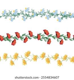 Chamomile, rudbeckia, clover, leaves, poppies, lilies of the valley, berries, tulips, assembled horizontal border seamless pattern Floral seamless border