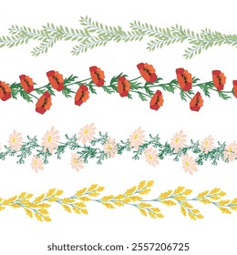 Chamomile, rudbeckia, clover, leaves, poppies, lilies of the valley, berries, tulips, assembled horizontal border seamless pattern Floral seamless border