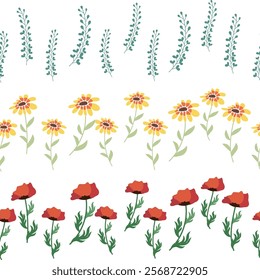 Chamomile, rudbeckia, clover, leaves, poppies, lilies of the valley, berries, tulips, assembled horizontal border seamless pattern Floral seamless border