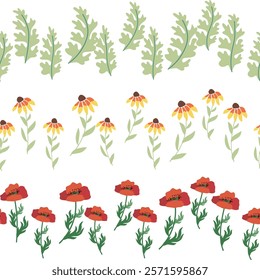 Chamomile, rudbeckia, clover, leaves, poppies, lilies of the valley, berries, tulips, assembled horizontal border seamless pattern Floral seamless border