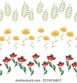 Chamomile, rudbeckia, clover, leaves, poppies, lilies of the valley, berries, tulips, assembled horizontal border seamless pattern Floral seamless border