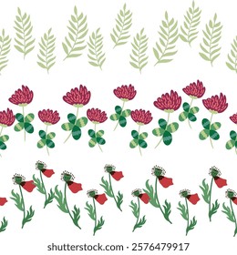 Chamomile, rudbeckia, clover, leaves, poppies, lilies of the valley, berries, tulips, assembled horizontal border seamless pattern Floral seamless border