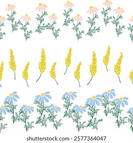 Chamomile, rudbeckia, clover, leaves, poppies, lilies of the valley, berries, tulips, assembled horizontal border seamless pattern Floral seamless border