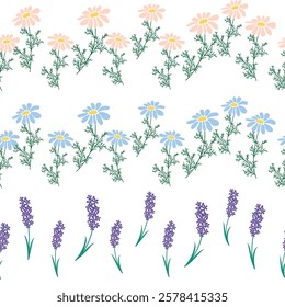 Chamomile, rudbeckia, clover, leaves, poppies, lilies of the valley, berries, tulips, assembled horizontal border seamless pattern Floral seamless border