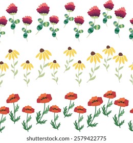 Chamomile, rudbeckia, clover, leaves, poppies, lilies of the valley, berries, tulips, assembled horizontal border seamless pattern Floral seamless border