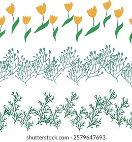 Chamomile, rudbeckia, clover, leaves, poppies, lilies of the valley, berries, tulips, assembled horizontal border seamless pattern Floral seamless border