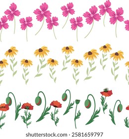 Chamomile, rudbeckia, clover, leaves, poppies, lilies of the valley, berries, tulips, assembled horizontal border seamless pattern Floral seamless border