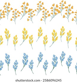 Chamomile, rudbeckia, clover, leaves, poppies, lilies of the valley, berries, tulips, assembled horizontal border seamless pattern Floral seamless border