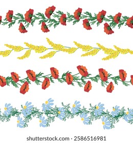 Chamomile, rudbeckia, clover, leaves, poppies, lilies of the valley, berries, tulips, assembled horizontal border seamless pattern Floral seamless border