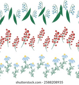 Chamomile, rudbeckia, clover, leaves, poppies, lilies of the valley, berries, tulips, assembled horizontal border seamless pattern Floral seamless border