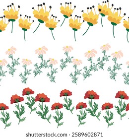 Chamomile, rudbeckia, clover, leaves, poppies, lilies of the valley, berries, tulips, assembled horizontal border seamless pattern Floral seamless border