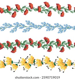 Chamomile, rudbeckia, clover, leaves, poppies, lilies of the valley, berries, tulips, assembled horizontal border seamless pattern Floral seamless border