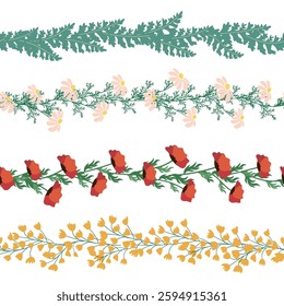 Chamomile, rudbeckia, clover, leaves, poppies, lilies of the valley, berries, tulips, assembled horizontal border seamless pattern Floral seamless border