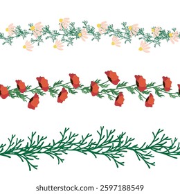 Chamomile, rudbeckia, clover, leaves, poppies, lilies of the valley, berries, tulips, assembled horizontal border seamless pattern Floral seamless border