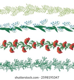 Chamomile, rudbeckia, clover, leaves, poppies, lilies of the valley, berries, tulips, assembled horizontal border seamless pattern Floral seamless border